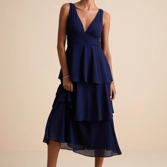 NWT Lulu's Navy Blue Sleeveless Tiered Midi Dress - Picture 3 of 10
